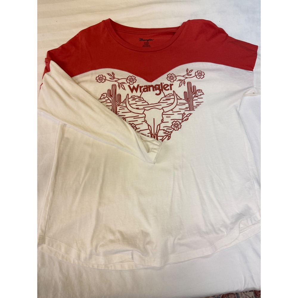 Wrangler Womens Red White Western Graphic Long Sleeve Tee Bull Skull Desert Med